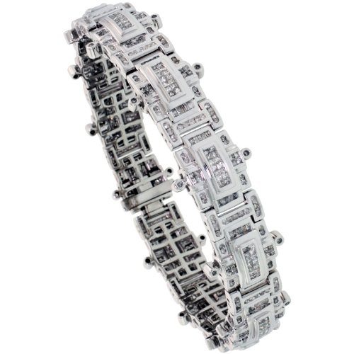 14k White Gold Large Bar Link 8.75 in. Men’s Bracelet, w/ 6.00 Carats Baguette, Brilliant Cut & Invisible Set Diamonds, 11/16 in. (17mm) wide