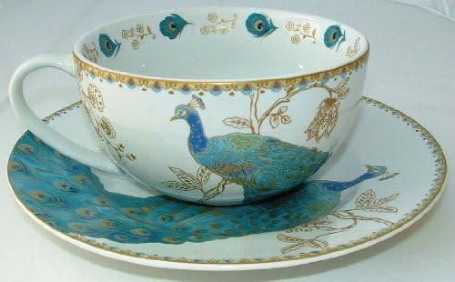 222 Fifth Peacock Garden Fine Porcelain Multi-Purpose Large Cup & Saucer (doubles as Bowl & Plate)