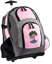 FLAMINGO Rolling Backpack Deluxe Pink Pink Flamingos - Backpacks Bags with Wheels or School Trolley Carry-On Bags - Unique Wheeled Gifts for Girls Ladies- CUTE!