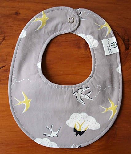 Baby Drool Bib, Grey, Yellow, White, Black, Swooping Birds and Clouds
