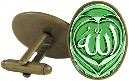 Allah Green 18x24mm (3/4" X 1") Oval Antique Bronze Gold Pair of Cufflinks