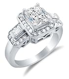 Solid 14k White OR Yellow Gold Emerald Cut Solitaire with Baguette and Round Side Stones Highest Quality CZ Cubic Zirconia Engagement Ring 2.75ct.