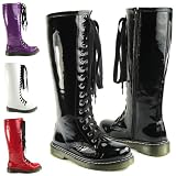 LADIES VINTAGE LACE UP ZIP PATENT WOMENS KNEE HIGH BOOTS PUNK COMBAT SIZE 3-8