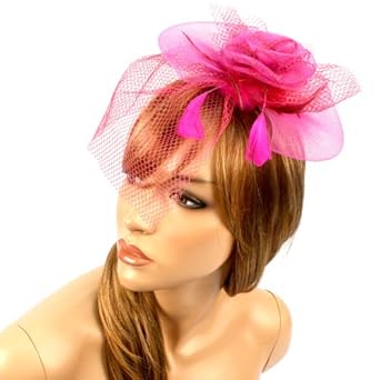 Feathers Floral Fishnet Hat Fascinator Brooch Clip Head Piece Cocktail Fuschia