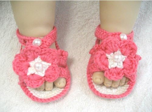 Summer Style Flower Sandals Handmade Crochet Baby Shoes with pearls Melon Red 10cm