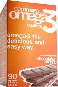 Coromega Omega-3 Supplement, Orange Flavor with a Hint of Chocolate, 90 packets (2.5 g)