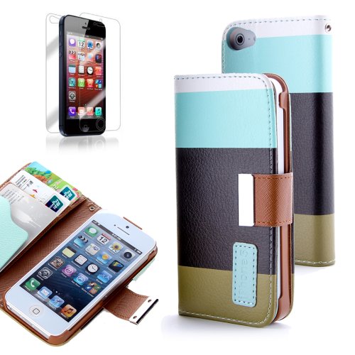 Generic PU Leather Quality Wallet Case for iPhone 5 Horizontal with Credit Card Slots & Holder Leather Case (Sprint, AT&T Verizon and International Carriers)(Blue+Black+Green)