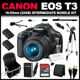 Canon EOS Rebel T3 12.2 MP CMOS Digital SLR Camera with EF-S 18-55mm f/3.5-5.6 IS Lens (32GB Intermediate Bundle Kit) includes Charger, x2 Batteries, 32GB SD Card, USB Card Reader, HDMI Cable, Carrying Case, Mini Tripod, 67 Monopod, 57 Tripod and Cleaning Kit