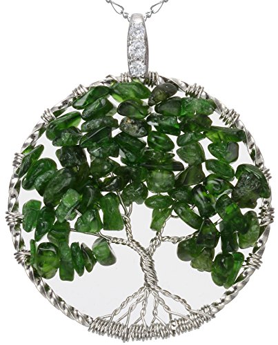 Tourmaline Tree of Life Green Gemstone Jewelry Best Friend Necklace Silver Pendant 2pc Chain Deluxe Gift