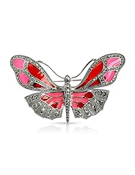 Sterling Silver Marcasite & Vibrant Red Enamel Butterfly Brooch