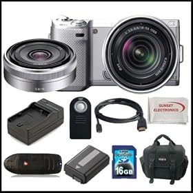 Sony Alpha Nex-5N Kit with 18-55mm & 16mm Lenses. Package Includes: Sony Nex5N Digital Camera(Silver), 18-55mm Sony Lens, 16mm Lens, Extended Life Battery, Rapid Travel Charger, 16gb Memory Card, Memory Card Reader, HDMI Cable, Remote Control, SSE Microfiber Cleaning Cloth and Soft Carrying Case