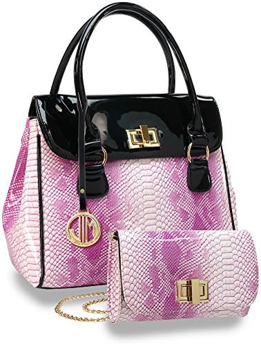 Twist Lock Snakeskin Print Patent Handbag and Clutch Set