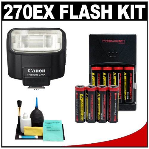Canon Speedlite 270EX Flash + (8) AA Batteries & Charger + Cleaning Kit for Canon Rebel XT, XTi, XS, XSi, T1i, EOS 30D, 40D, 50D, 5D MARK II Digital SLR Cameras