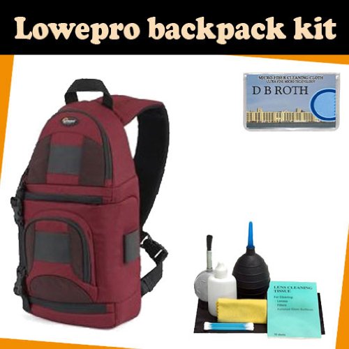 LowePro Backpack kit which includes the Lowepro Slingshot 100 All Weather Backpack (Red) + Camera lens Cleaning kit + DB ROTH Micro Fiber Cloth.