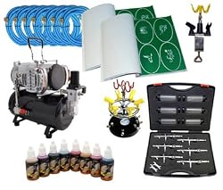 Ultimate 6 Airbrush Tattoo Kit With 8 Different Colors Of Tattoo Ink Includes: Compressor, Hose, Airbrush, Ink, and Stencils