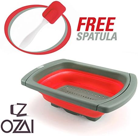 Collapsible colander over the sink silicone kitchen strainer with extendable handles -hands free**Free Spatula** space saver folds to save space