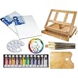Custom Artist Painting Kit with Easel, Two (2) Winsor & Newton 11" X 14" Canvases, Liquitex Basics 12 Color Acrylic Paint Set, 7 Golden Taklon Synthetic Hair Paint Brushes, and Marquis Wooden Tabletop Desk Easel with Free Wooden Mixing Palette