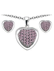 Original Star K (tm) Created Pink Sapphire Heart Shape Love Pendant Box Set with matching earrings in 925 Sterling Silver