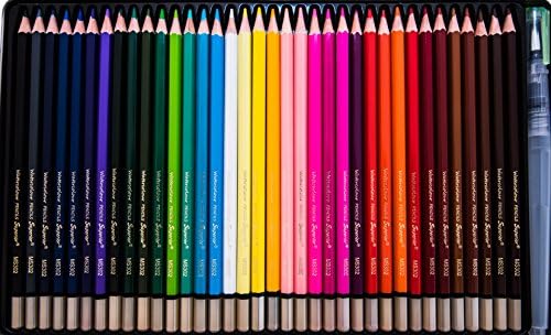 Artists Watercolor Pencils with Free Water Brush and Tin Case. Set of 36 Professional Quality Pencils For Art, Drawing and Sketching.