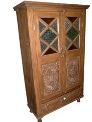 18c Antique India Furniture Hand Carved Cabinet Armiroe Teak Etched Glass 64x36x14