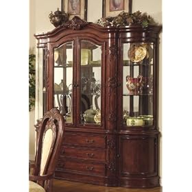 China Cabinet Buffet Hutch with Elaborate Carvings Cherry Brown Finish