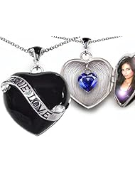 Original Star K (tm)True Love Black Enamel Locket With 7mm Heart Created Sapphire Surprise in .925 Sterling Silver
