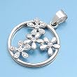 Sterling Silver Pendant - Flowers - Clear Cubic Zerconia - 22mm Height