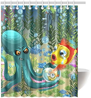 POEENG Custom Underwater Landscape Octopus And Goldfish Waterproof Polyester Shower Curtain 66"x72"