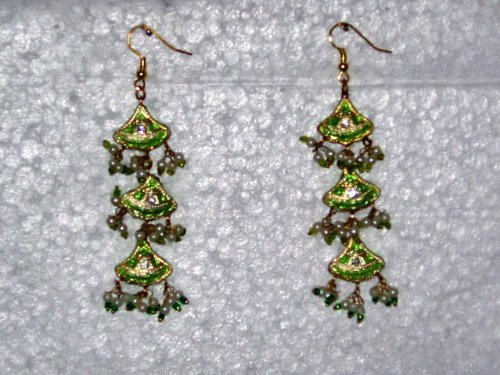 Gift for Girls-2 Antique Green Silver Finish Dangling Earrings (Brand New) Free Shipping