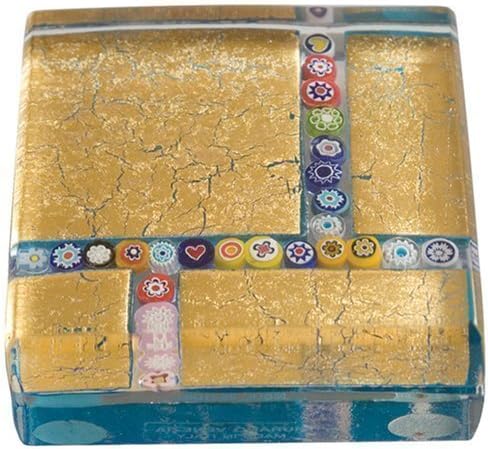 Authentic Murano Glass Paperweight, 24k Gold with Maze of Millefiori on Aqua Base, Gift Boxed