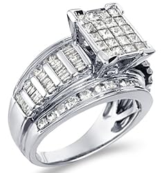 Size - 8.5 - 14k White Gold Diamond Large Engagement Wedding Emerald Shape Center Solitaire with Side Stones Invisible Channel Set Baguette Princess and Round Cut Diamond Ring (1.05 cttw, G - H Color, SI Clarity)