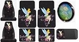 Tinkerbell Fearless Flirt 8PC Combo Front Rear Car Floor Mats Seat Covers Steering Wheel Cover CD Organizer Plus Bonus Matching Decal