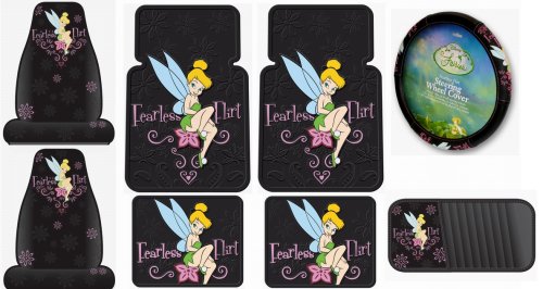 Tinkerbell Fearless Flirt 8PC Combo Front Rear Car Floor Mats Seat Covers Steering Wheel Cover CD Organizer Plus Bonus Matching Decal