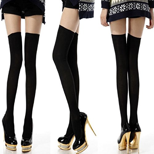 Ikevan Women Girls Sexy Thigh High Over The Knee Socks Pure Color Warm Soft Cotton Stockings Long Boot Socks Autumn Winter (Black)