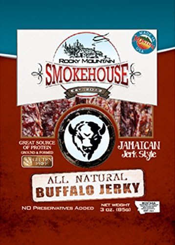 Rocky Mountain Smokehouse Buffalo Jerky - Jamaican Jerk - All Natural Grass Fed Bison and Organic Spices. 3 Oz (3-pack)