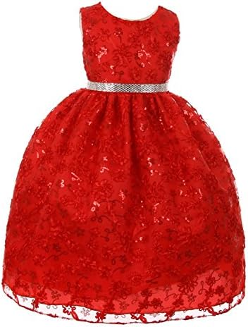 Little Girls Red Glitter Sequin Floral Embroidered Christmas Dress 4