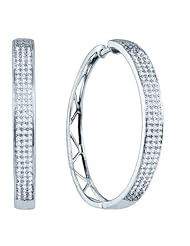10K White Gold 0.80CT White Round Cut Diamond Three Row Micro-Pave Hoops Earrings