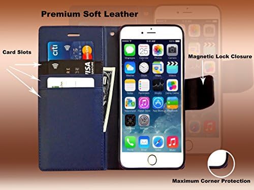 Apple iPhone 6+ Cell Phone Casing [FLAPA Series] Elegant Premium Quality [Synthetic Soft Leather] with [Stand Flip Cover] [Magnetic Lock Closure] [Card Slot] [Cash Compartment] (Navy, iPhone 6+)