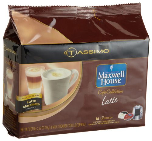 Maxwell House Cafe Collection Latte (8 Servings), 16-Count T-Discs for Tassimo Coffeemakers (Pack of 2)