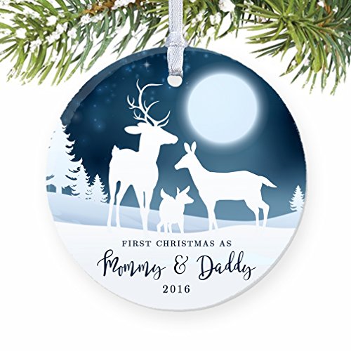 1st Christmas as Mommy & Daddy 2016, New Parents Ornament, Deer Family Porcelain Ornament, 3
