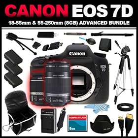 Canon EOS 7D 18 MP CMOS Digital SLR Camera with 3-Inch LCD and EF-S 15-85mm f/3.5-5.6 IS USM UD Wide Angle Zoom Lens + EF-S 55-250mm f/4.0-5.6 IS Telephoto Zoom Lens (8GB Advanced Bundle Kit) includes x3 Batteries, Charger, Case, Memory Card, Memory Card Wallet, HDMI Cable, Table Tripod, Full Size T
