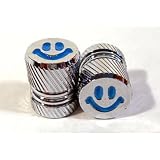 Smiley Face Valve Dust Caps Car/Bike/Cycle/BMX : Silver Blue x 2