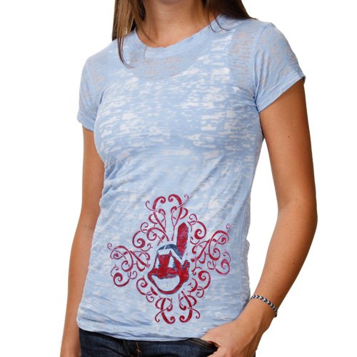 Cleveland Indians Ladies Scroll Burnout Premium Crew T-shirt - Light Blue (Small)