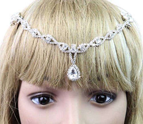Seasofbeauty Women Wedding Bridal Forehead Band Dangle Rhinestone Hair Chain Headpiece