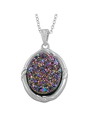 Rhodium Plated Sterling Silver Oval Multicolor Drusy Pendant with Chain (18 inch)