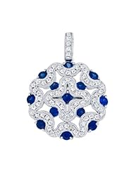 14k White Gold Precious Sapphire and Diamond Disc Fashion Pendant Vintage Inspired