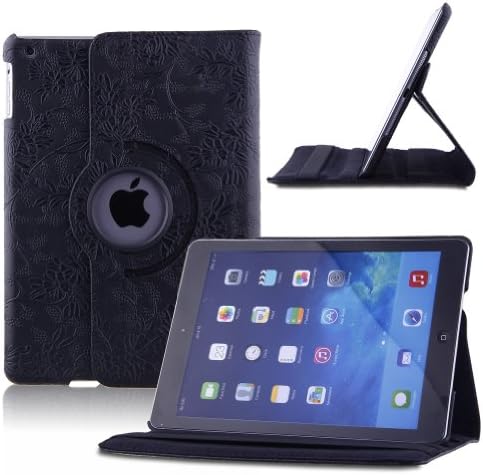 Creeracity New Auto Sleep/Wake Function 360 Degree Rotating Smart Case Cover for iPad Air 2 Gen Generation - (Supports Auto Wake/Sleep Function) With Free Stylus -Embossed Flowers Black