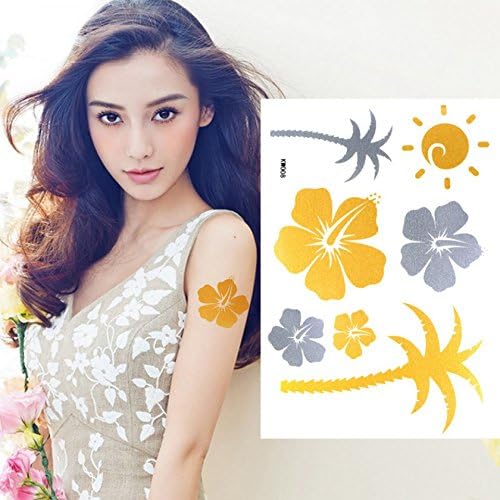 Body art tattoo size 5.91"x4.33" fashionable Golden gold and silver flowers, trees and sun design fake temporary tattoo stickers
