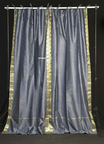 Tie Top Gray Silk Sari Drapes, Panels, saree Curtains Curtain Length: 76 Inches
