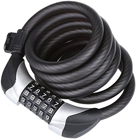 Bike Lock Cable, Resettable Self Coiling Metal Cable Combination Security Lock 5.9-Feet x 4.7-Inch with Mounting Bracket Electric Vehicle Anti-theft Bicycle Cable Lock